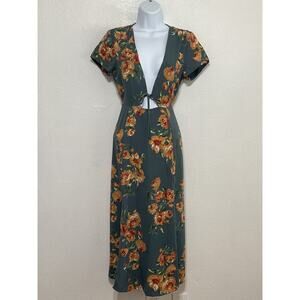 Lulus Fall Low Cut Midi Dress XS Forest Fairy Green Floral Girly Wedding Guest